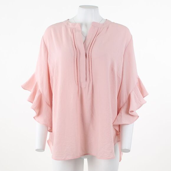 Vince Camuto Plus Size Ruffle Sleeve Henley Fresh Pink - Picture 2 of 5